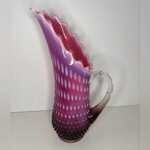 Fenton Plum Opalescent Hobnail Pitcher Vase with Clear Applied Handle 13.25” EUC
